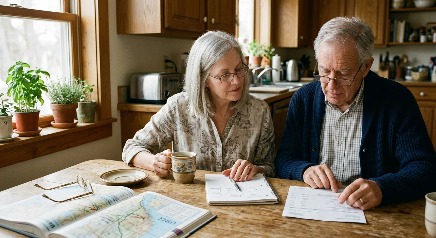 Older couple sitting at a kitchen table reviewing bills and notes next to an open atlas.