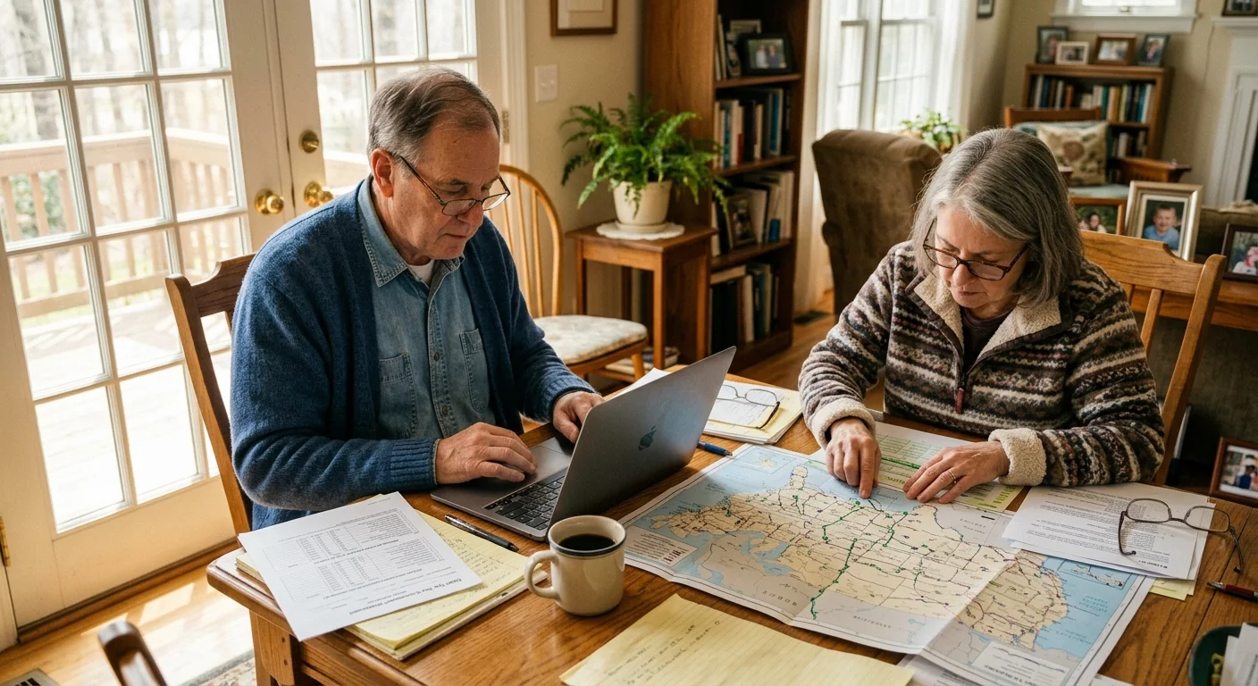 An older couple sitting at a wooden dining table reviewing paperwork, a laptop, and a road map together.