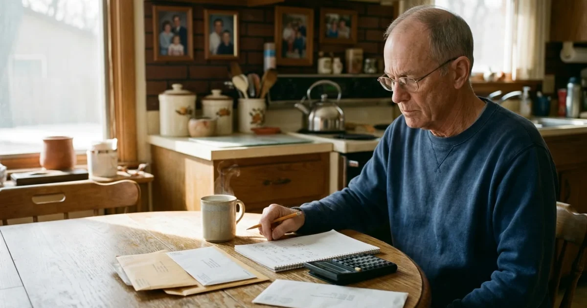 Older man in glasses sitting at a kitchen table writing in a notepad beside mail, a calculator, and steaming coffee.