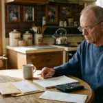 Older man in glasses sitting at a kitchen table writing in a notepad beside mail, a calculator, and steaming coffee.
