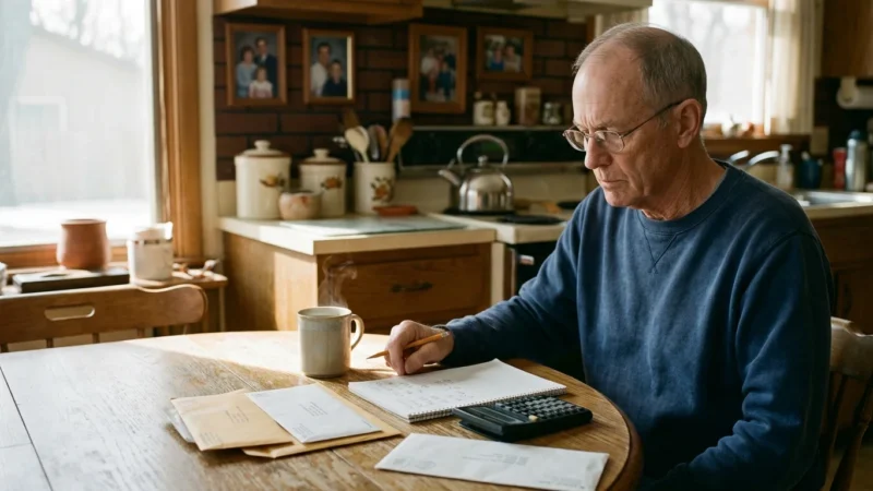 Older man in glasses sitting at a kitchen table writing in a notepad beside mail, a calculator, and steaming coffee.