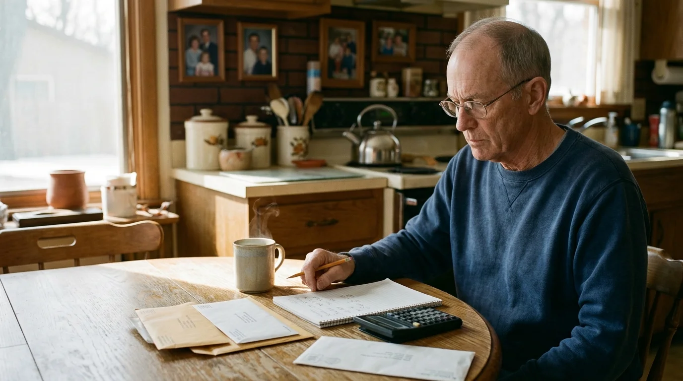 Older man in glasses sitting at a kitchen table writing in a notepad beside mail, a calculator, and steaming coffee.