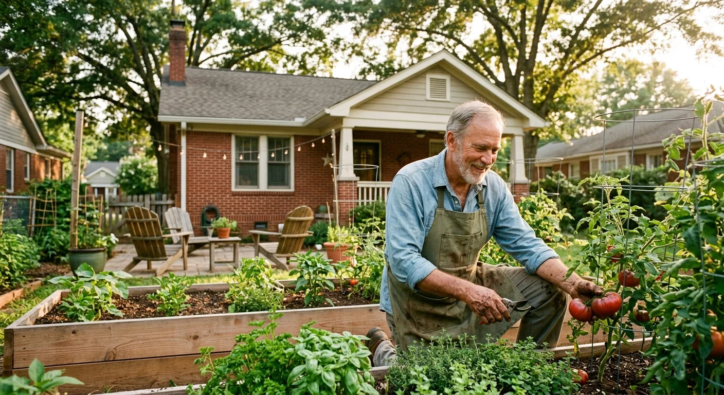 A smiling older man in an apron tends to tomato plants in a raised garden bed in his backyard.
