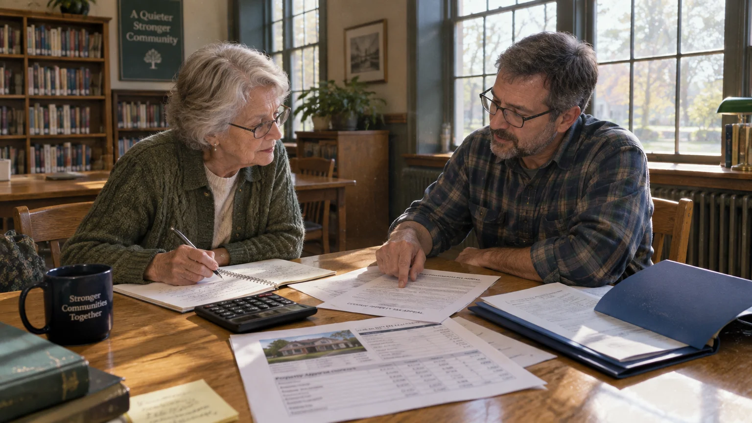 A man and an older woman review tax appeal paperwork, property photos, and a calculator at a wooden table in a library.