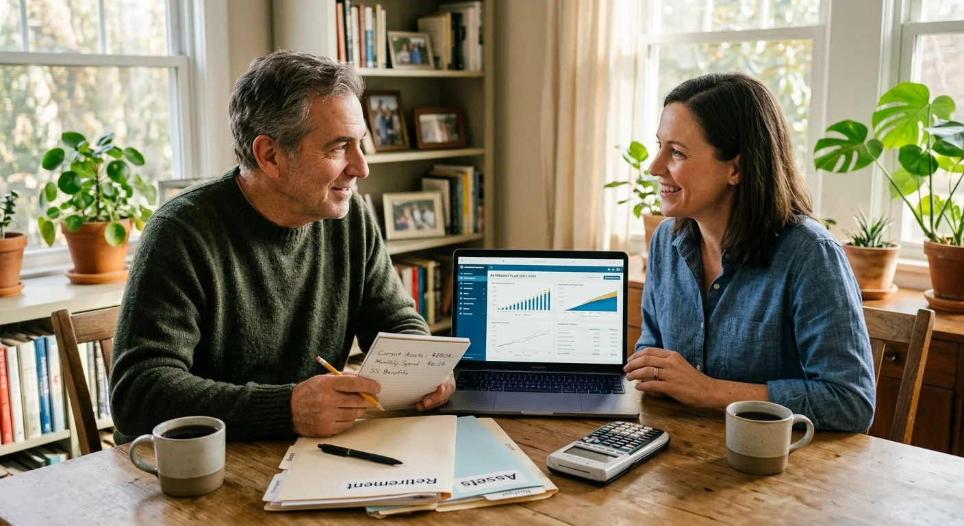 A man and woman sit at a wooden table reviewing financial charts on a laptop with documents and coffee mugs.