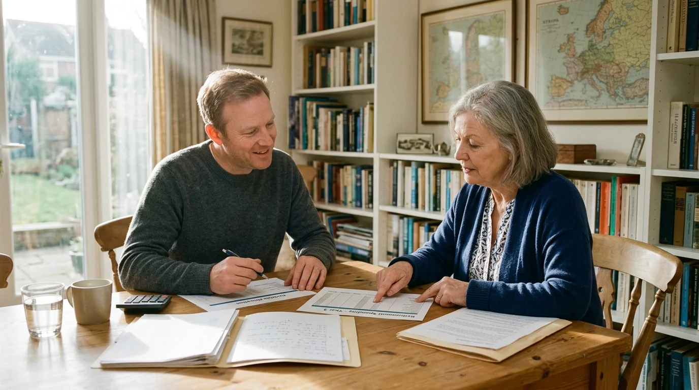 A man and an older woman review financial paperwork together at a wooden dining table in a home library.
