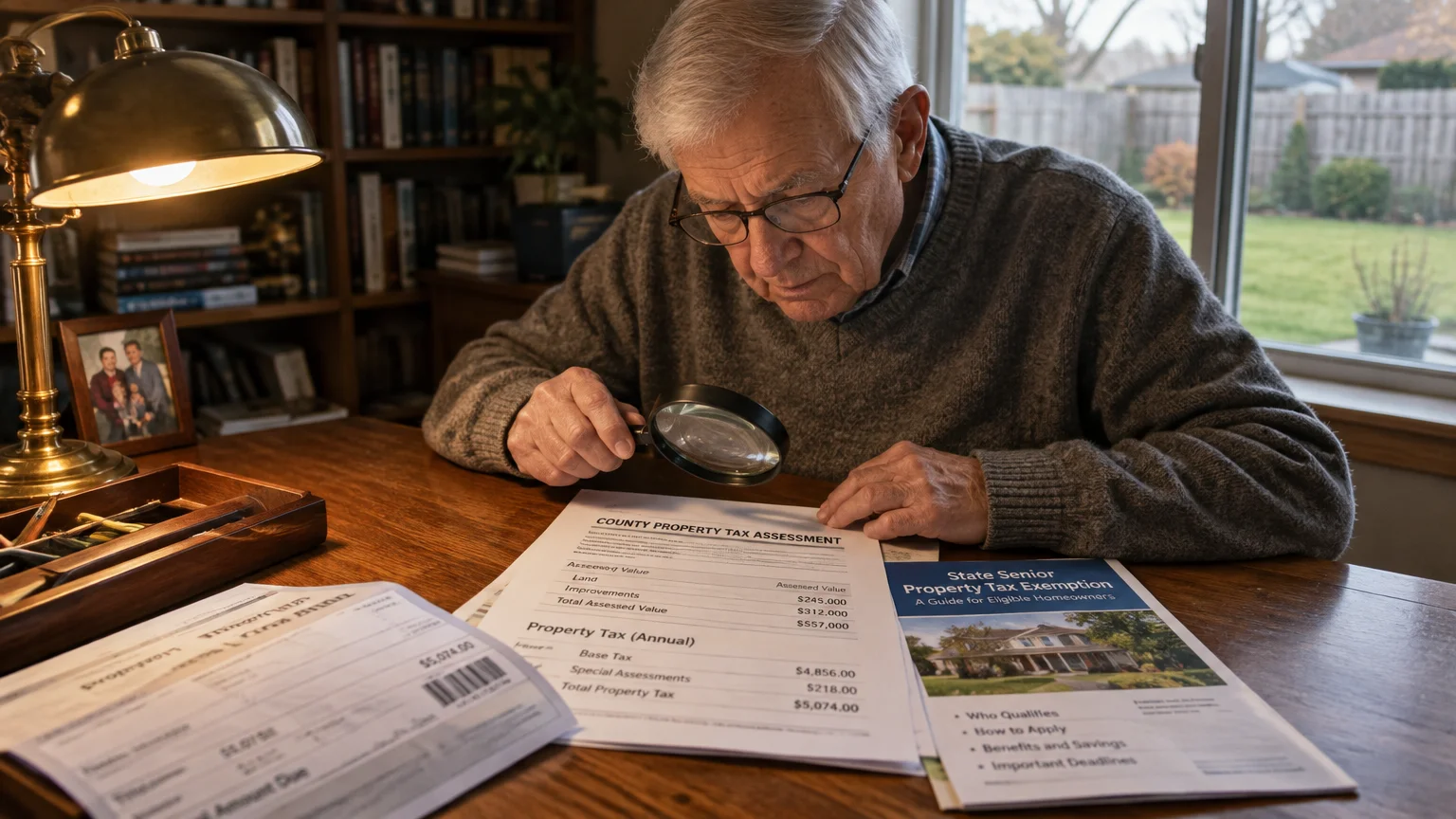 An elderly man wearing glasses examines a county property tax assessment document on a wooden desk using a magnifying glass.
