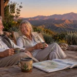 Senior couple relaxing on a patio with coffee mugs while overlooking rugged desert mountains at sunset.