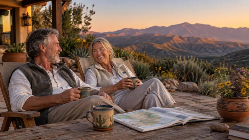 Senior couple relaxing on a patio with coffee mugs while overlooking rugged desert mountains at sunset.