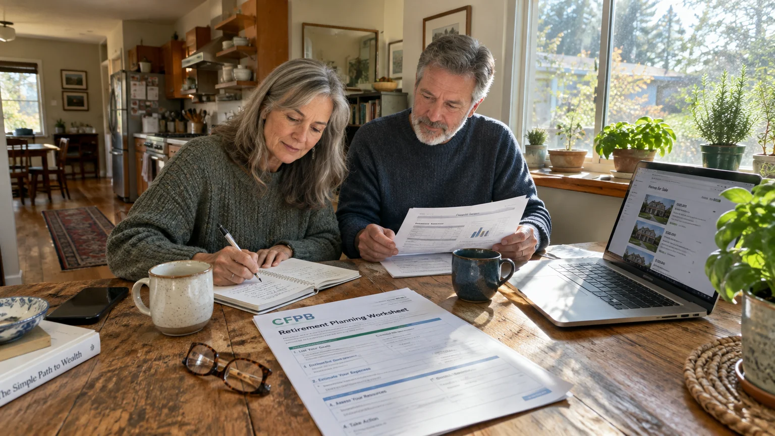 Older couple sitting at a wooden table reviewing financial paperwork, a CFPB worksheet, and a laptop with home listings.