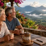A smiling older couple sits at a rustic patio table holding mugs and looking out at lush green mountains.