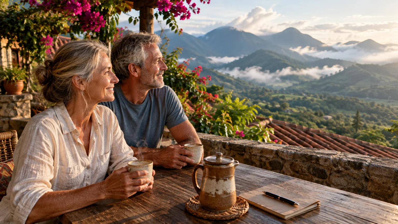 A smiling older couple sits at a rustic patio table holding mugs and looking out at lush green mountains.