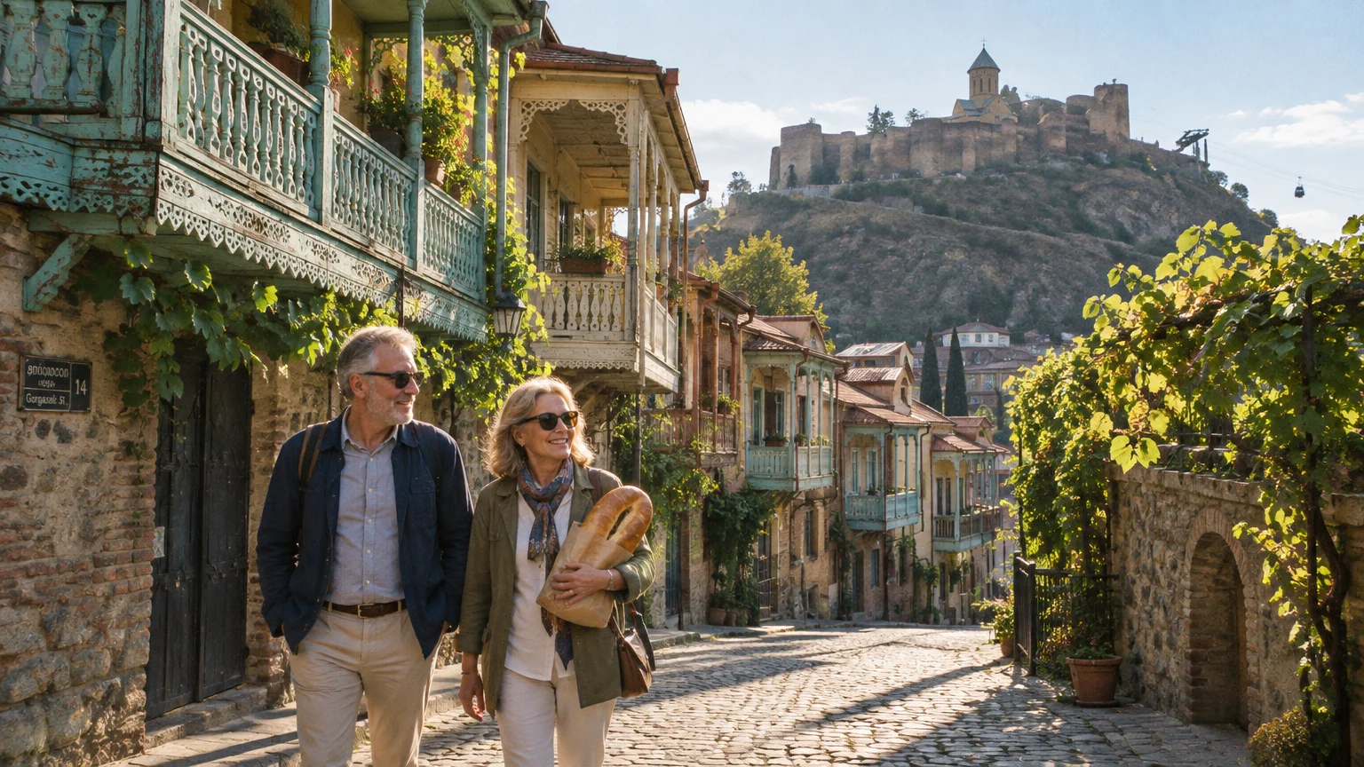 An older couple walks along a cobblestone street lined with historic balconied buildings below a hilltop fortress.