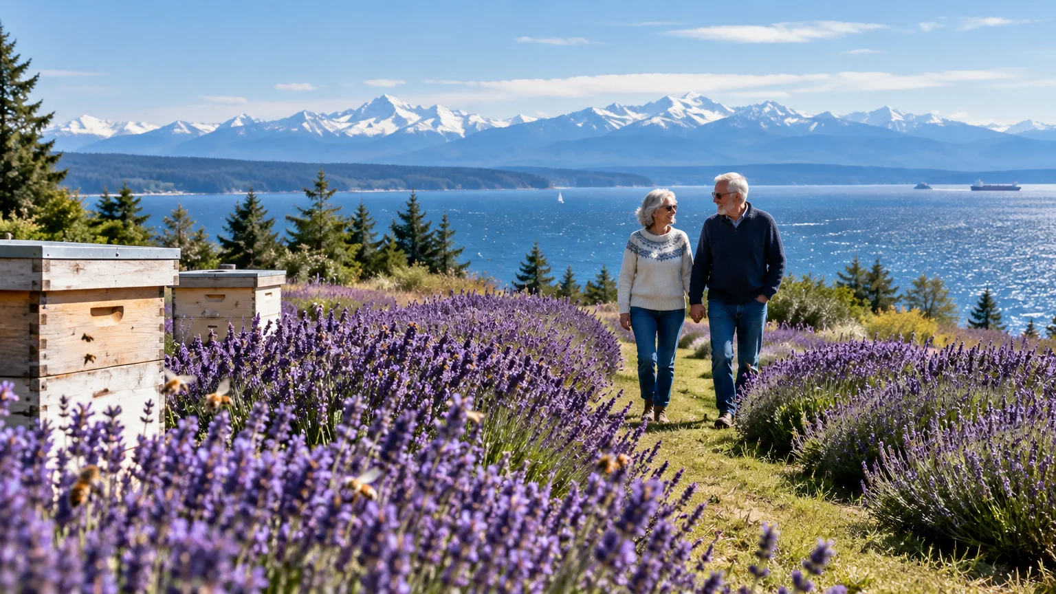 Senior couple walking through a blooming purple lavender field overlooking the ocean and snow-capped mountains.