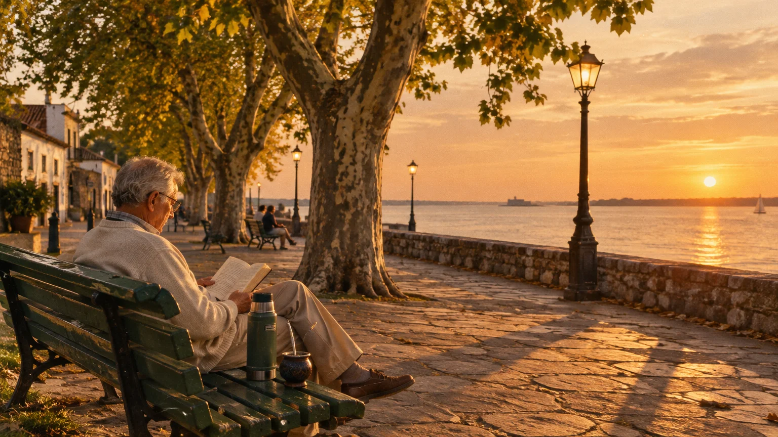 An older man reads a book on a park bench beside a waterfront promenade at sunset.