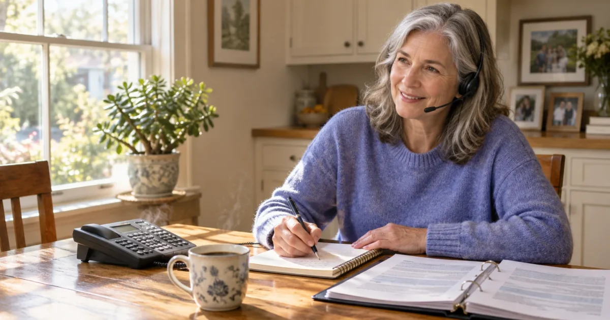 A mature woman wearing a telephone headset sits at a wooden table, taking notes in a spiral notebook.