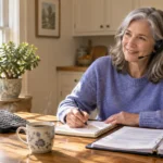 A mature woman wearing a telephone headset sits at a wooden table, taking notes in a spiral notebook.