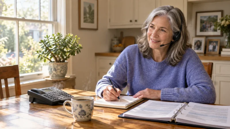 A mature woman wearing a telephone headset sits at a wooden table, taking notes in a spiral notebook.