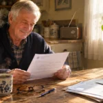 A senior man smiling while reading a letter at a rustic wooden kitchen table with a steaming mug of coffee nearby.