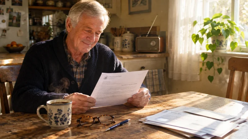 A senior man smiling while reading a letter at a rustic wooden kitchen table with a steaming mug of coffee nearby.