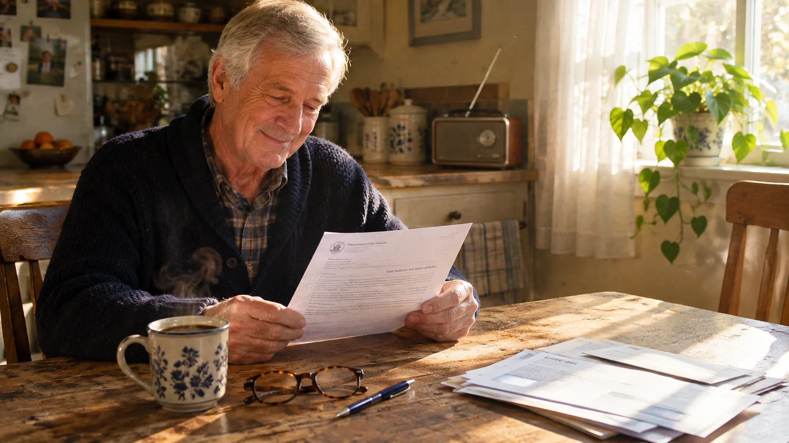 A senior man smiling while reading a letter at a rustic wooden kitchen table with a steaming mug of coffee nearby.