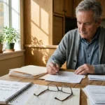 A man sitting at a wooden table reviewing financial paperwork with a pen, notebook, and coffee mug.