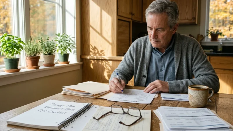 A man sitting at a wooden table reviewing financial paperwork with a pen, notebook, and coffee mug.