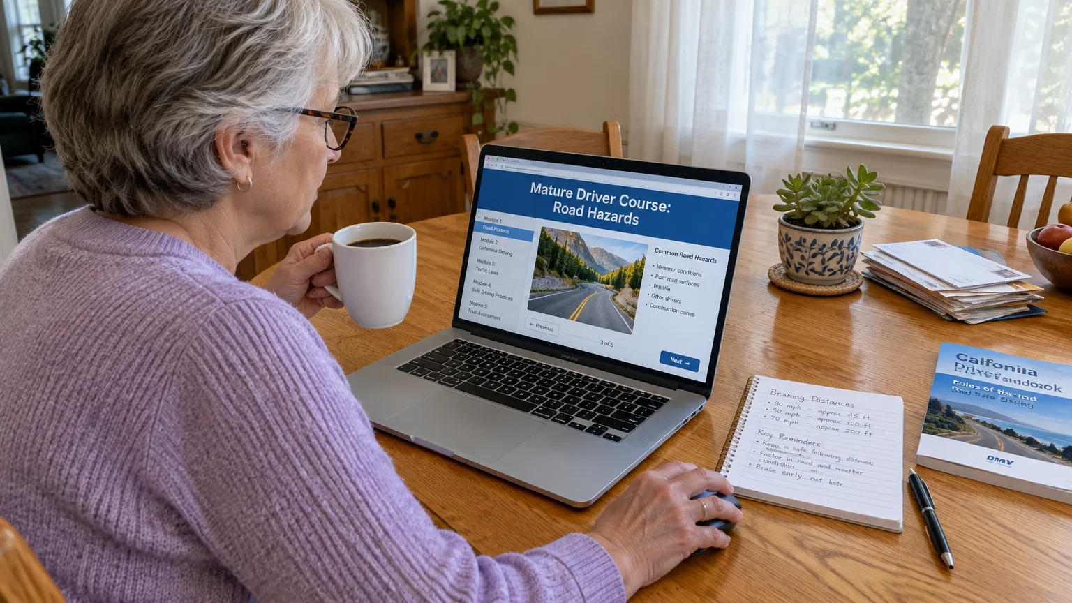 Older woman holding a coffee cup while taking an online mature driver course on her laptop at a wooden table.