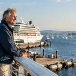A senior man in a blue jacket leans on a railing overlooking a harbor with docked cruise ships and sailboats.