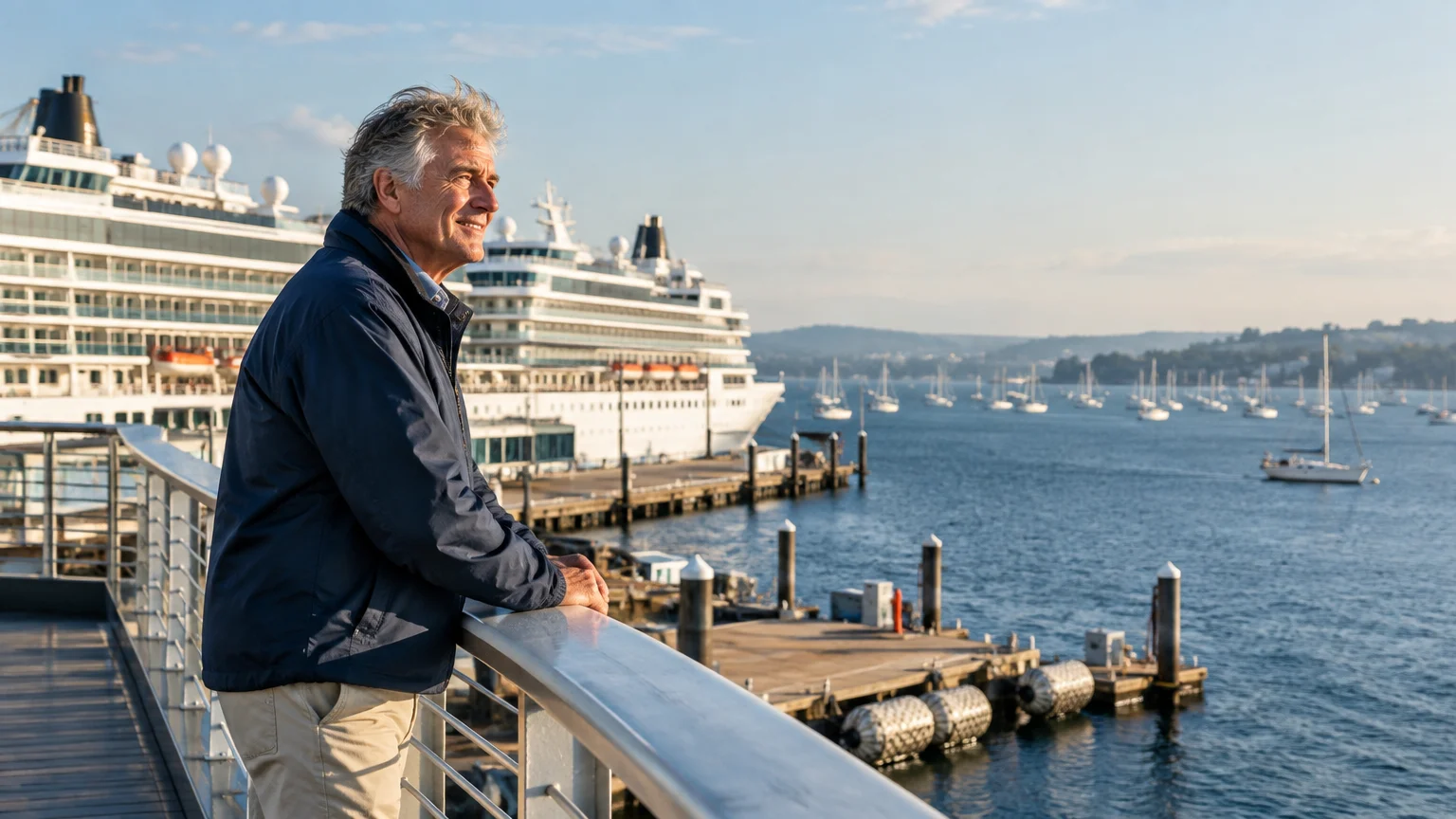 A senior man in a blue jacket leans on a railing overlooking a harbor with docked cruise ships and sailboats.