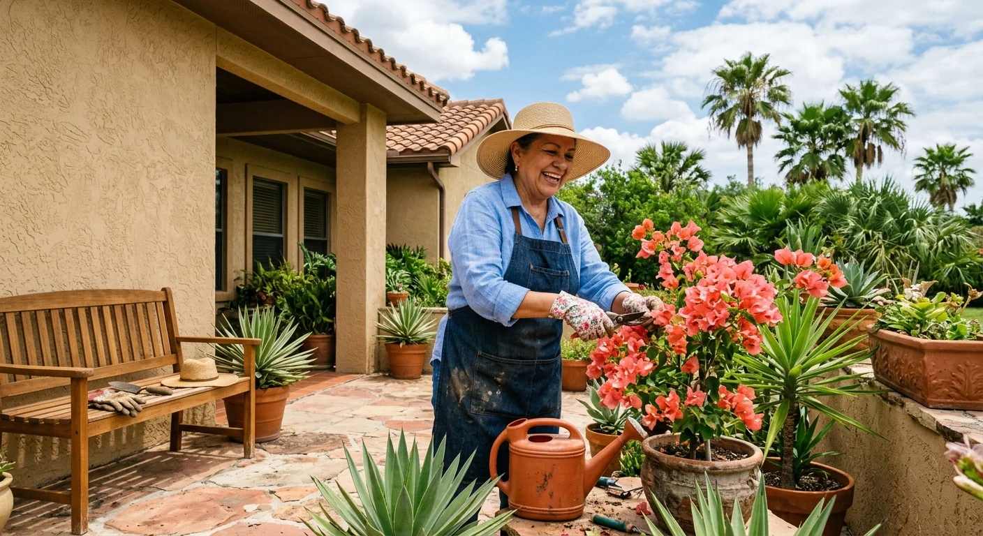 A smiling woman in a straw hat and denim apron trims pink flowering plants on a sunny stone patio.