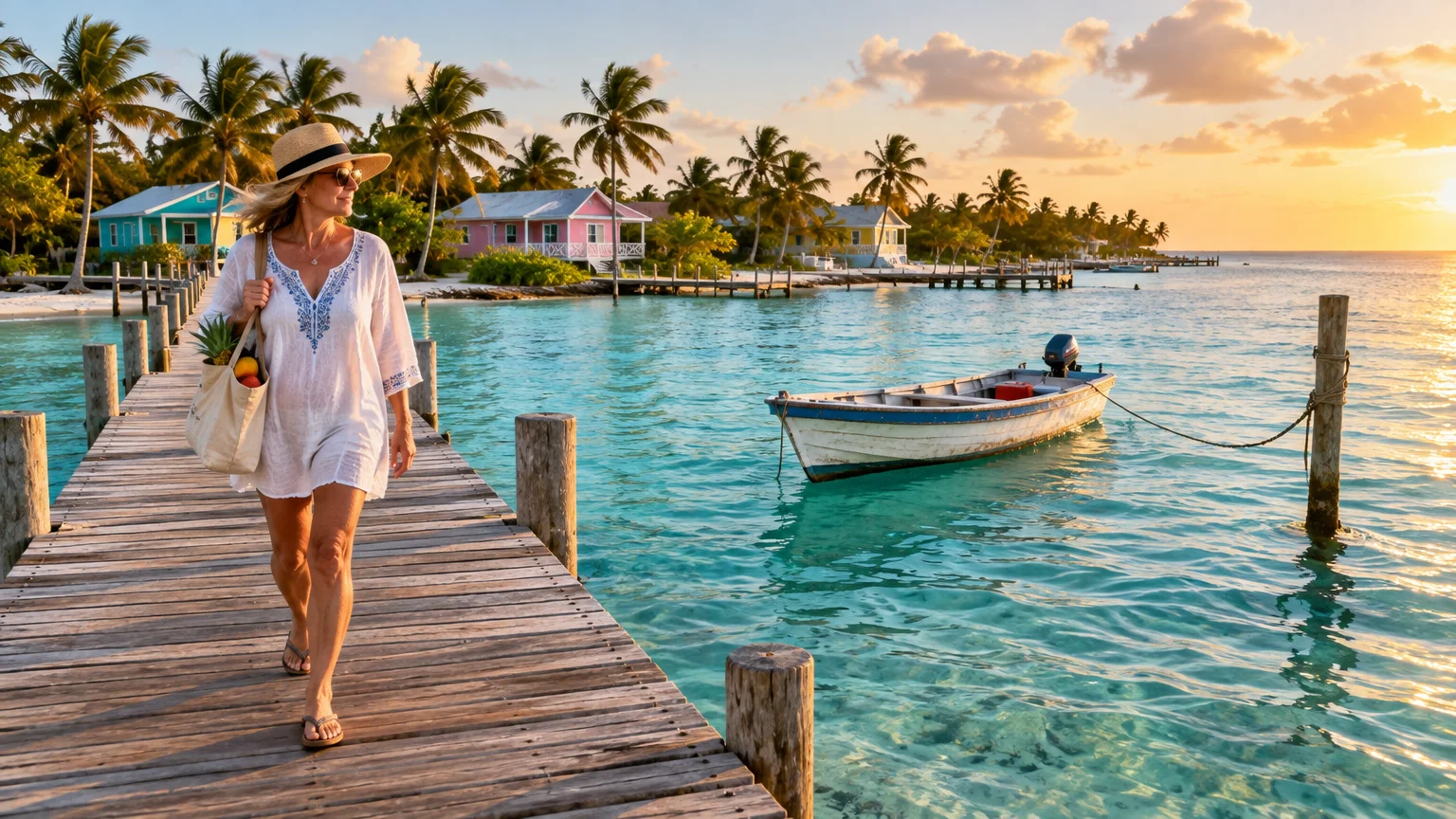 Woman in a sunhat and white tunic walking along a wooden pier carrying a grocery tote near tropical turquoise water.