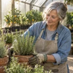 A smiling senior woman wearing an apron and gardening gloves tends to potted herbs in a sunlit greenhouse.