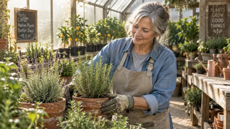 A smiling senior woman wearing an apron and gardening gloves tends to potted herbs in a sunlit greenhouse.