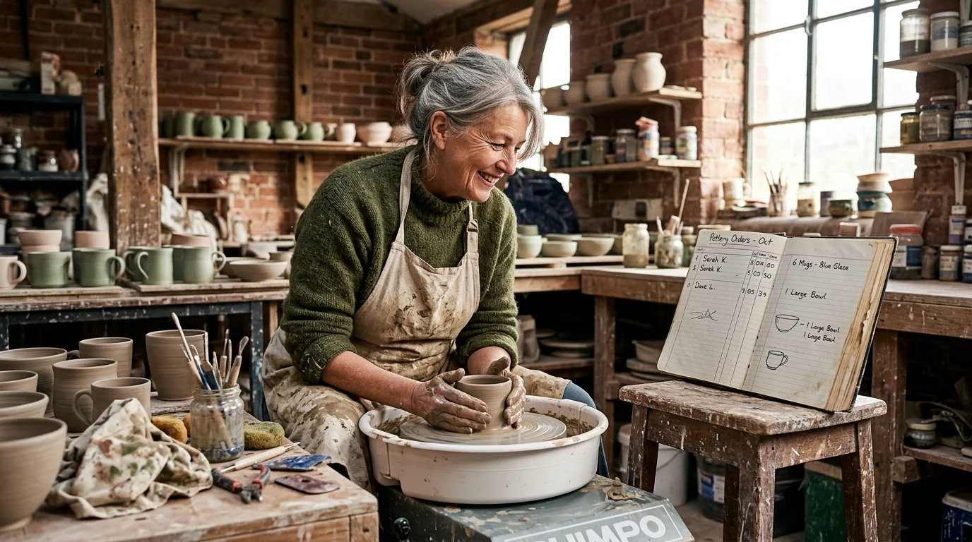 Smiling older woman shaping clay on a pottery wheel in a workshop next to an open order ledger.