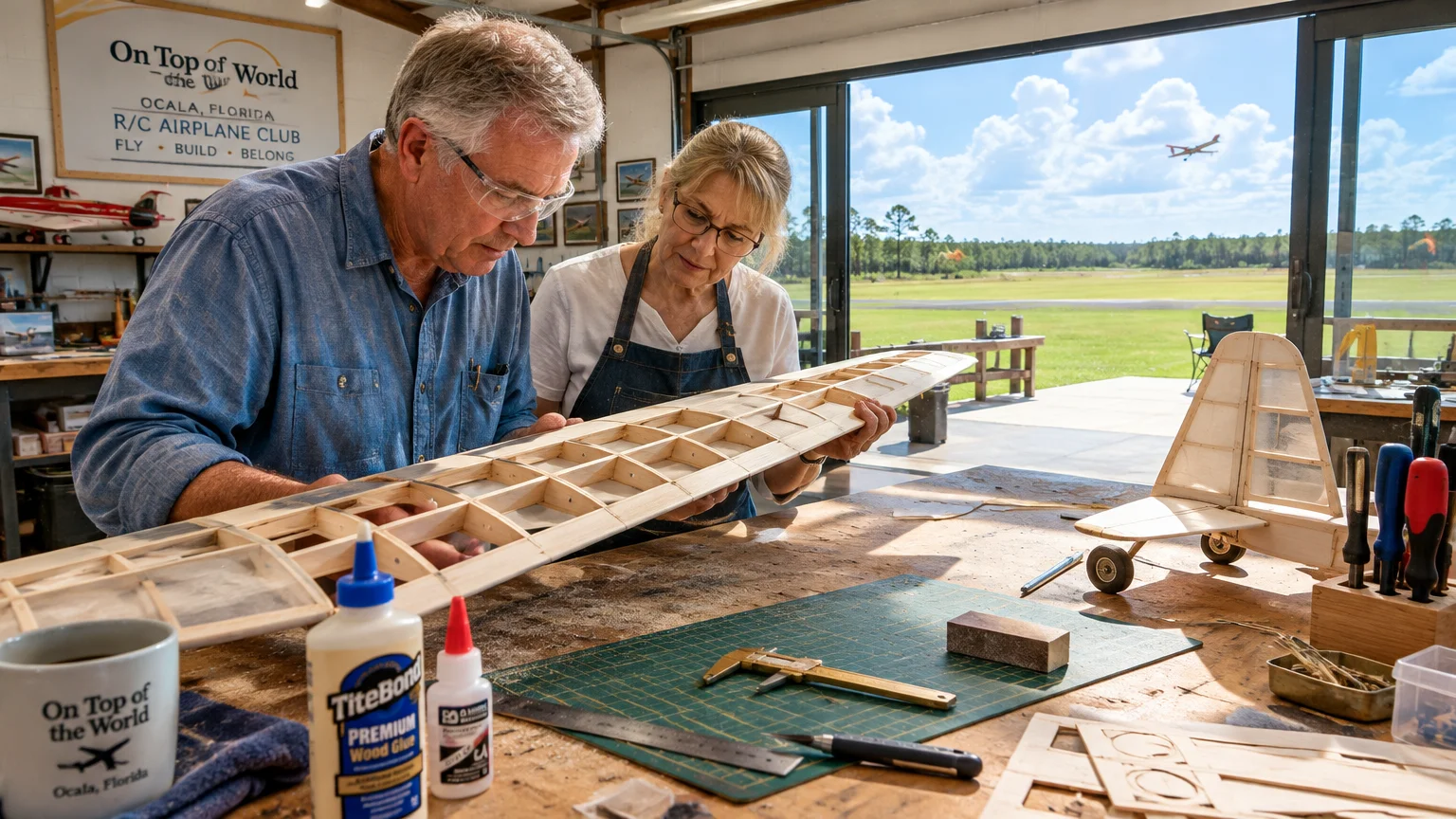 A man and woman assemble a wooden model airplane wing inside a workshop overlooking an open airfield.