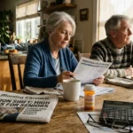 An older couple sitting at a wooden kitchen table reviewing utility documents, with a newspaper, calculator, and pills nearby.