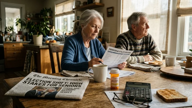 An older couple sitting at a wooden kitchen table reviewing utility documents, with a newspaper, calculator, and pills nearby.