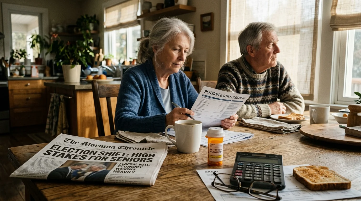 An older couple sitting at a wooden kitchen table reviewing utility documents, with a newspaper, calculator, and pills nearby.