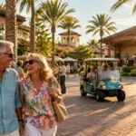 Smiling older couple walking through a sunny plaza with palm trees, outdoor cafe seating, a golf cart, and a live band.
