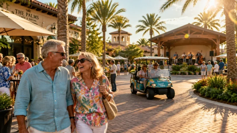 Smiling older couple walking through a sunny plaza with palm trees, outdoor cafe seating, a golf cart, and a live band.