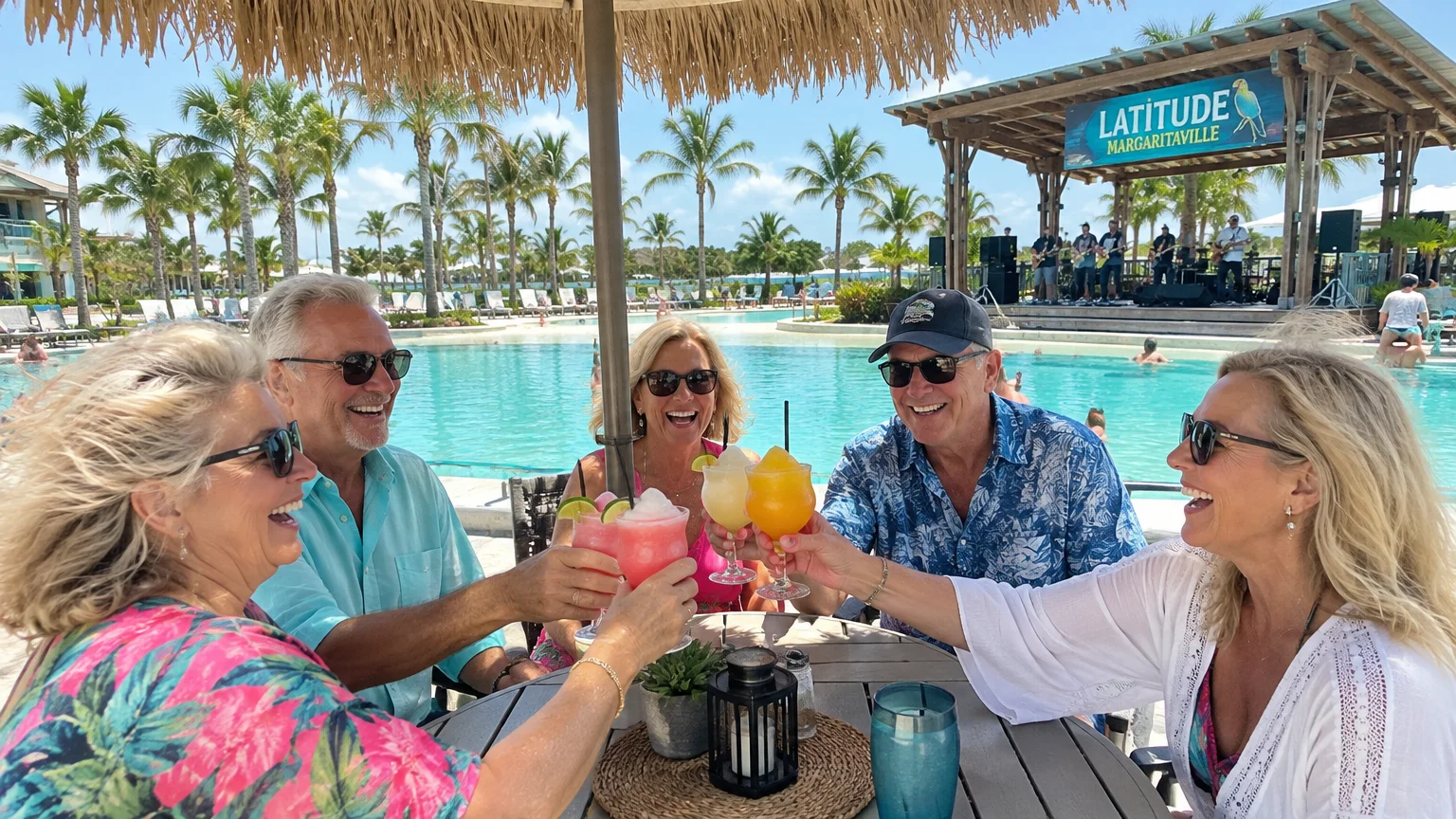 Five smiling adults toast colorful frozen cocktails around a patio table beside a resort pool and outdoor stage.