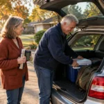 A smiling older couple packs a cooler and duffel bag into the open trunk of an SUV on a sunny suburban driveway.