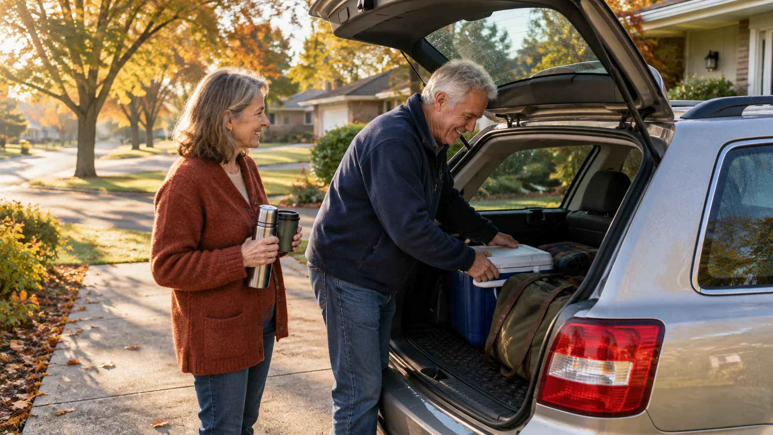 A smiling older couple packs a cooler and duffel bag into the open trunk of an SUV on a sunny suburban driveway.