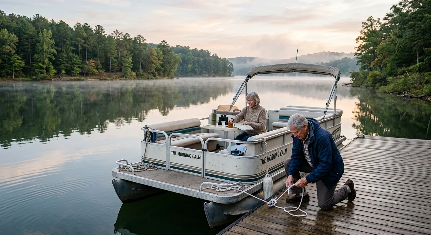 A man ties a pontoon boat to a wooden dock on a calm, misty lake while a woman sits on board holding a warm drink.