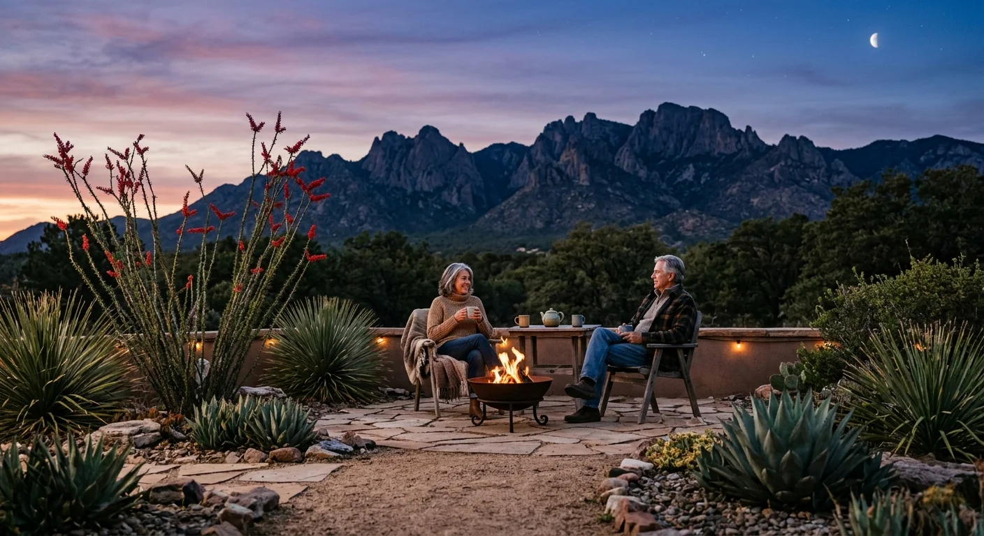 A couple sits by a fire pit on a stone patio surrounded by desert plants, facing rugged mountains at twilight.