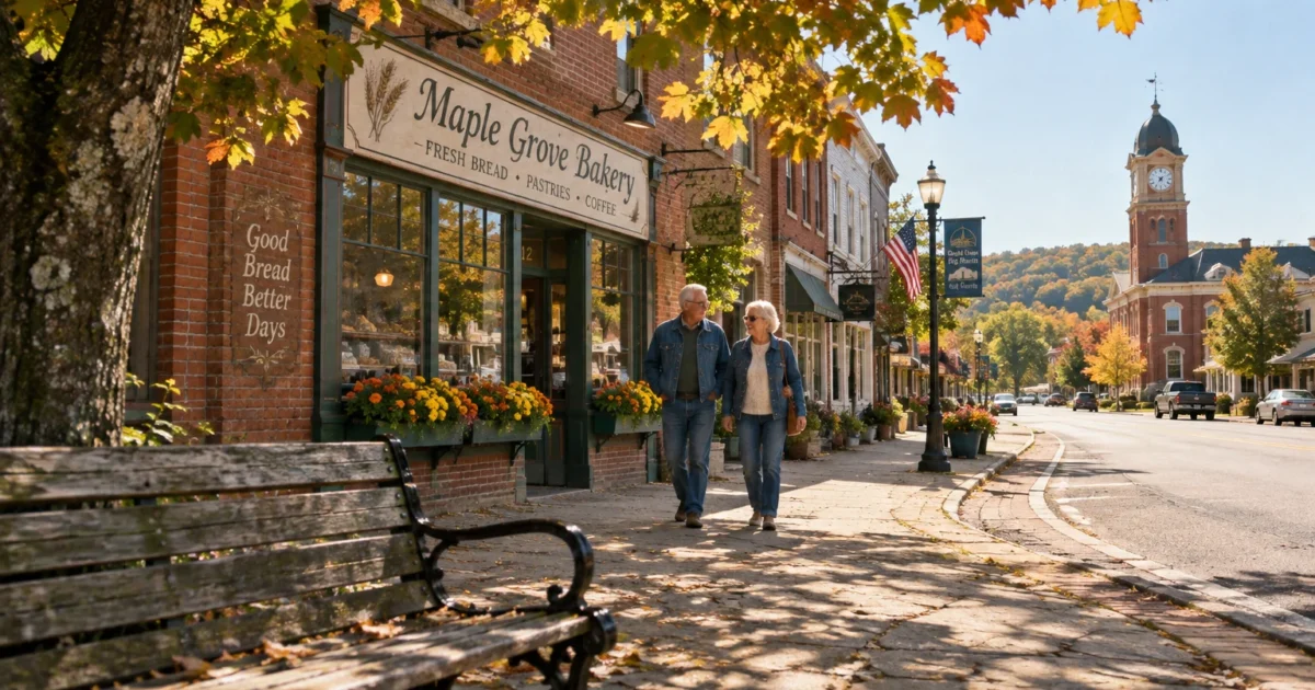Senior couple walking down a sunlit small-town sidewalk past a brick bakery with autumn trees and a clock tower.
