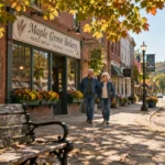 Senior couple walking down a sunlit small-town sidewalk past a brick bakery with autumn trees and a clock tower.
