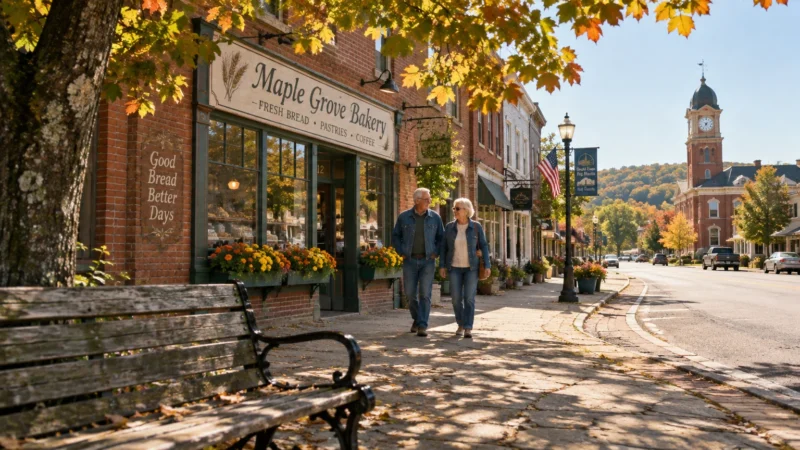 Senior couple walking down a sunlit small-town sidewalk past a brick bakery with autumn trees and a clock tower.