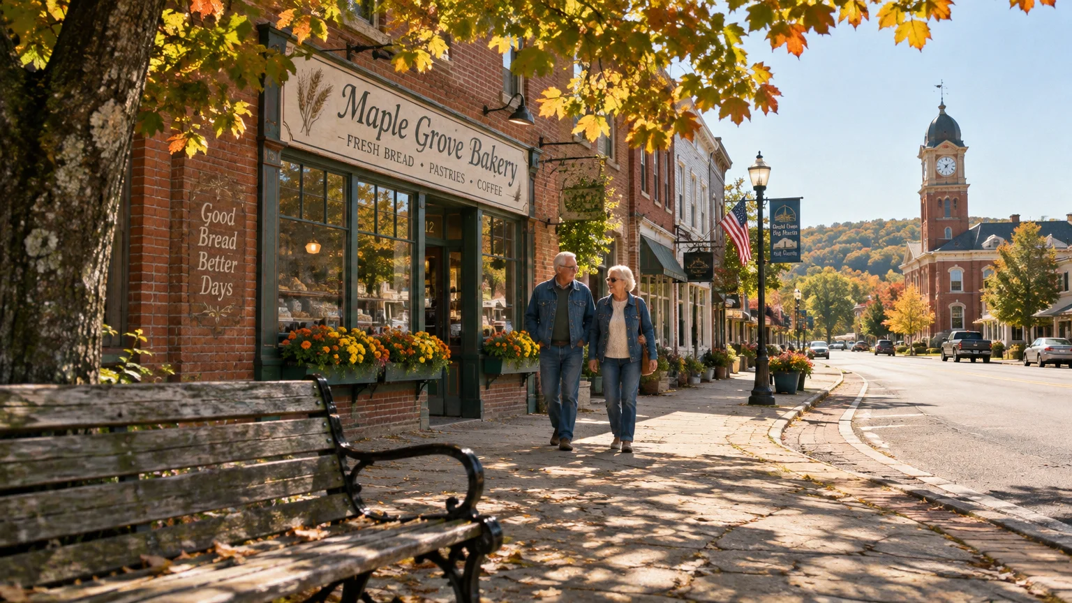 Senior couple walking down a sunlit small-town sidewalk past a brick bakery with autumn trees and a clock tower.